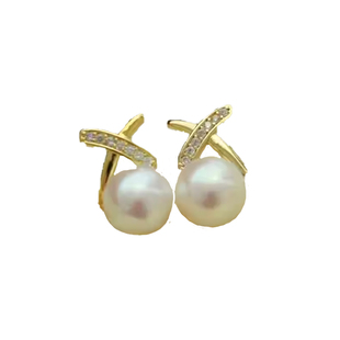 【金叉】天然淡水珍珠耳钉耳饰女 正圆强光赛澳白超美X款送闺蜜