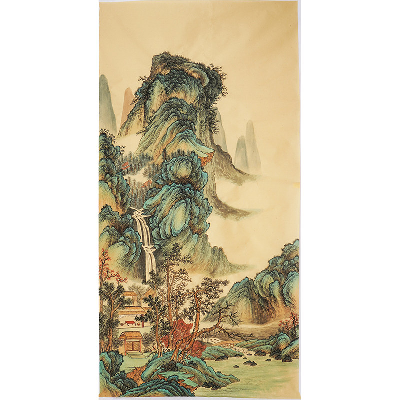 仿古风青绿纯手绘四尺无款山水画