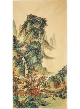 仿古风青绿纯手绘四尺题字山水画
