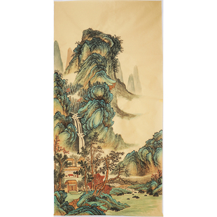 仿古青绿山水画装饰画纯手绘国画水墨画四尺字画无款画没题字0429