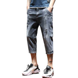 弹力破洞七分裤男士牛仔短裤夏季7分裤男中裤子休闲短裤八分马裤