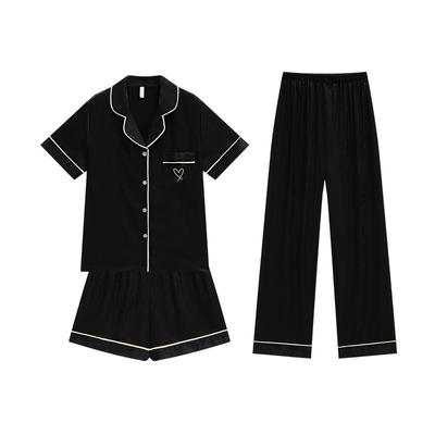 乐姿梦短袖冰丝睡衣女款夏季长裤短裤三件套装仿真丝绸黑色家居服