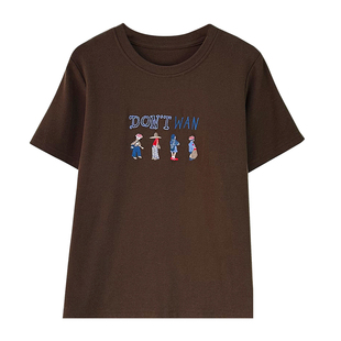 韩系复古咖色短袖T恤女夏季半袖宽松刺绣卡通打底衫休闲体恤上衣