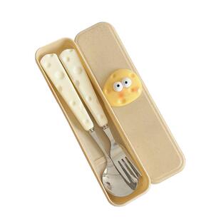ins可爱奶酪勺子叉子筷子三件套学生儿童户外便携餐具收纳盒套装