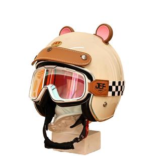 台湾JEF复古耳朵装饰摩托车头盔四季通用安全盔男女机车骑行3/4盔