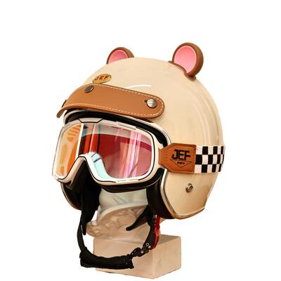 台湾JEF复古耳朵装饰摩托车头盔四季通用安全盔男女机车骑行3/4盔