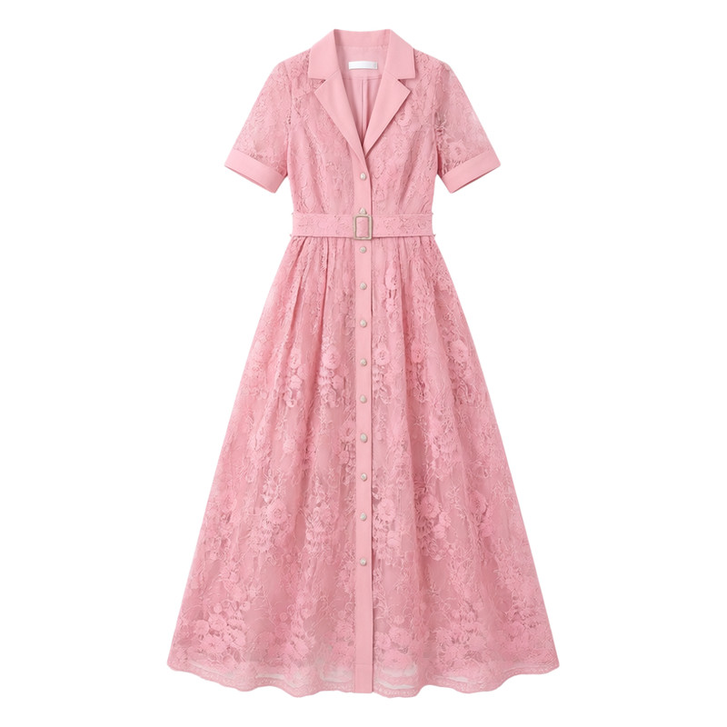 宫廷风西装领粉色蕾丝大码晚礼服