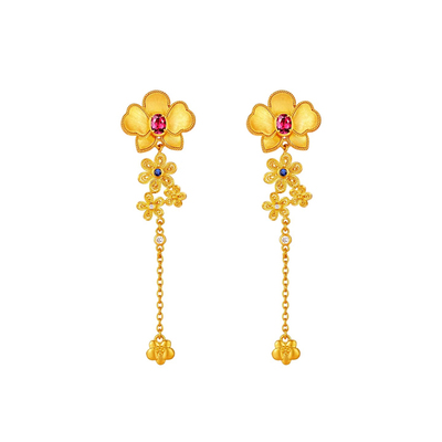 宫廷质造永庆长春耳钉古法黄金耳环足金999红宝石耳饰女新款礼物