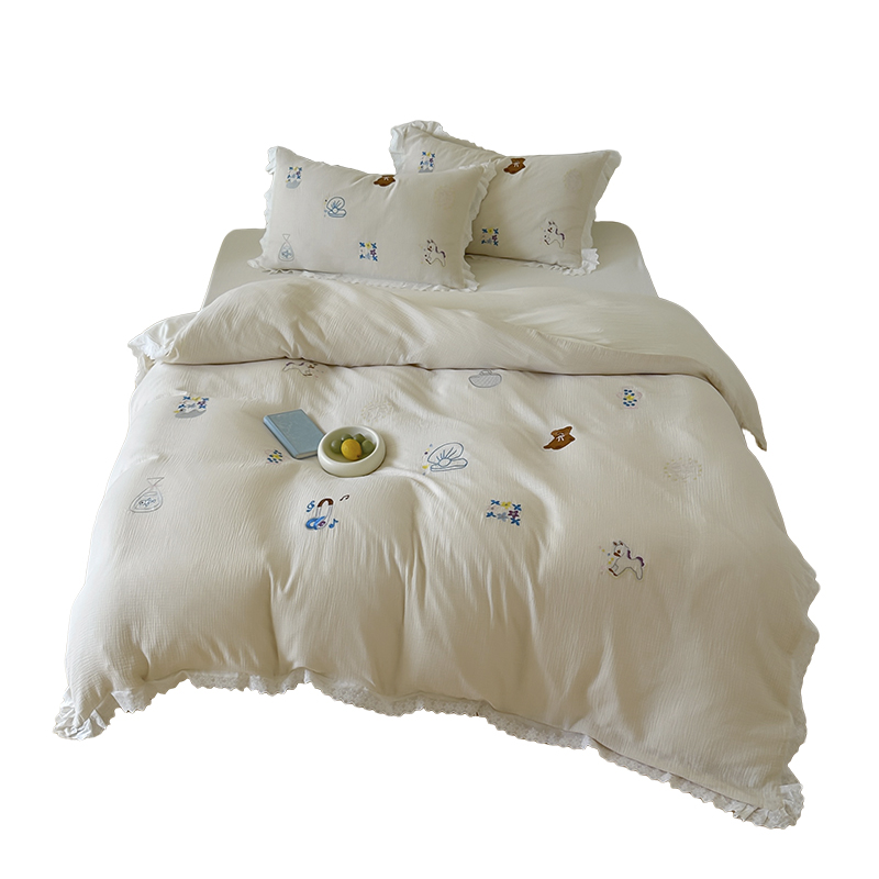 法式全棉双层纱四件套纯棉皱皱纱小清新床单被套刺绣床品床笠款