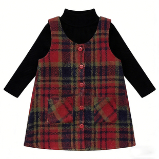 童装女童春秋格纹毛呢背心裙子女宝韩版甜美连衣裙套装儿童两件套