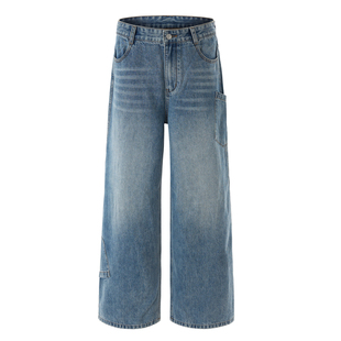 ISTURE美式复古倒装口袋水洗牛仔裤男女宽松百搭休闲阔腿垂感长裤