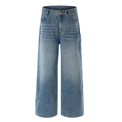 ISTURE美式复古倒装口袋水洗牛仔裤男女宽松百搭休闲阔腿垂感长裤