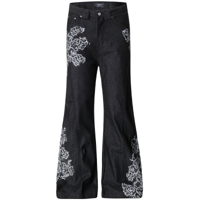 原创美式植物花卉微喇叭牛仔裤潮