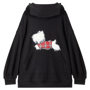 KEIKO 萌趣小狗绣花黑色连帽卫衣女春季慵懒感重磅加绒加厚外套