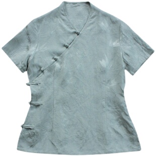 玉想清逸2中式夏季女装大码改良茶服国学服装V领盘扣修身旗袍上衣