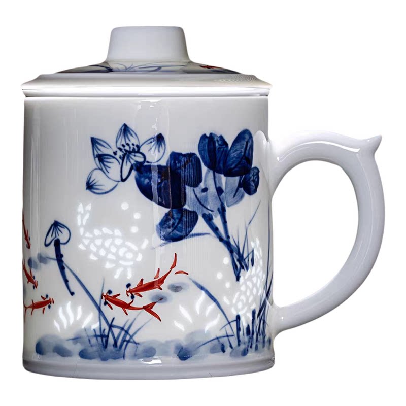 景德镇陶瓷带盖手绘青花玲珑茶杯
