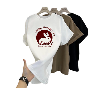 中长款短袖T恤女遮屁股配鲨鱼裤上衣宽松纯棉兔子咖色半袖打底衫