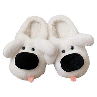细细条 情侣可爱棉拖鞋ins趣味大黑鼻狗狗保暖居家毛毛鞋男女冬天