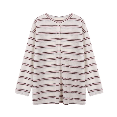 粉白色条纹半开领宽松T恤