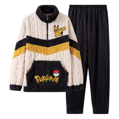 秋冬季男童珊瑚绒套头睡衣加厚保暖皮卡丘法兰绒可外穿家居服套装