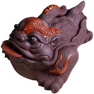 高端茶宠紫砂三足金蟾茶台摆件精品可养茶具蟾蜍招财高档茶玩紫泥