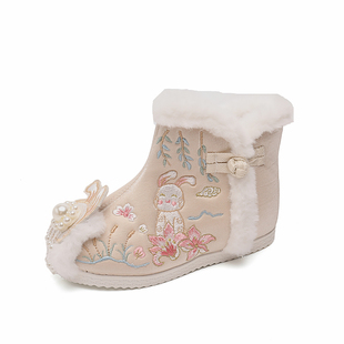 汉服靴子女童冬季加绒古风宝宝拜年鞋古装公主唐装鞋儿童绣花棉鞋