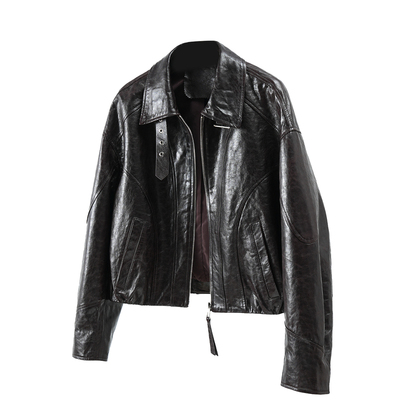 欧洲站高端油蜡小羊皮真皮皮衣女