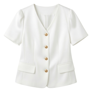 小香风白色无领名媛短袖西装套装女设计风夏季薄款女神小个子外套