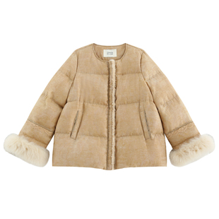 【茹伊】高定新中式亚麻提花+进口95鹅绒拼袖狐狸毛羽绒服-25222