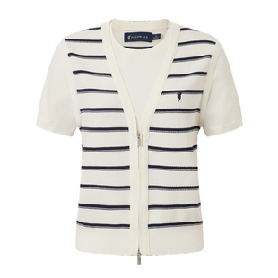 POLOWALK女士短袖针织衫2026春夏新款假两件条纹拉链马甲圆领T恤