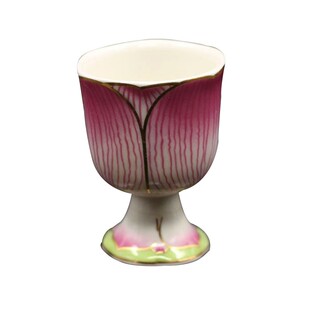 精致袖珍粉色彩绘莲花高脚陶瓷净水杯圣水杯酒杯描金边供佛茶杯