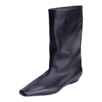 MEICY GUGU.真皮气质小方头坡跟宽口中筒靴切尔西复古小短靴女