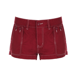 H家欧美女装 街头复古暗红色明线低腰牛仔短裤时髦heels直筒热裤