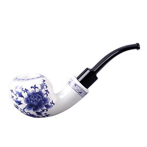 木香青花陶瓷男士手工苹果弯柄烟斗传统老式过滤专用旱烟锅具配件