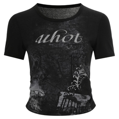 诱货26春黑色烫钻印花圆领T恤