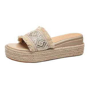 坡跟拖鞋女外穿2025夏季新款韩版松糕厚底鞋高跟草编复古一字凉拖