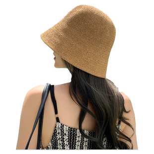 2025新款手工编织草帽时尚遮阳防晒帽子女韩版水桶渔夫帽镂空透气