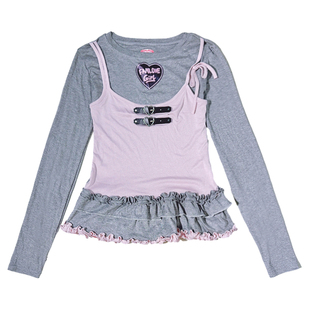 饭粒家 原创设计miu公式叠搭美式复古少女内搭假两件长袖t恤软糯