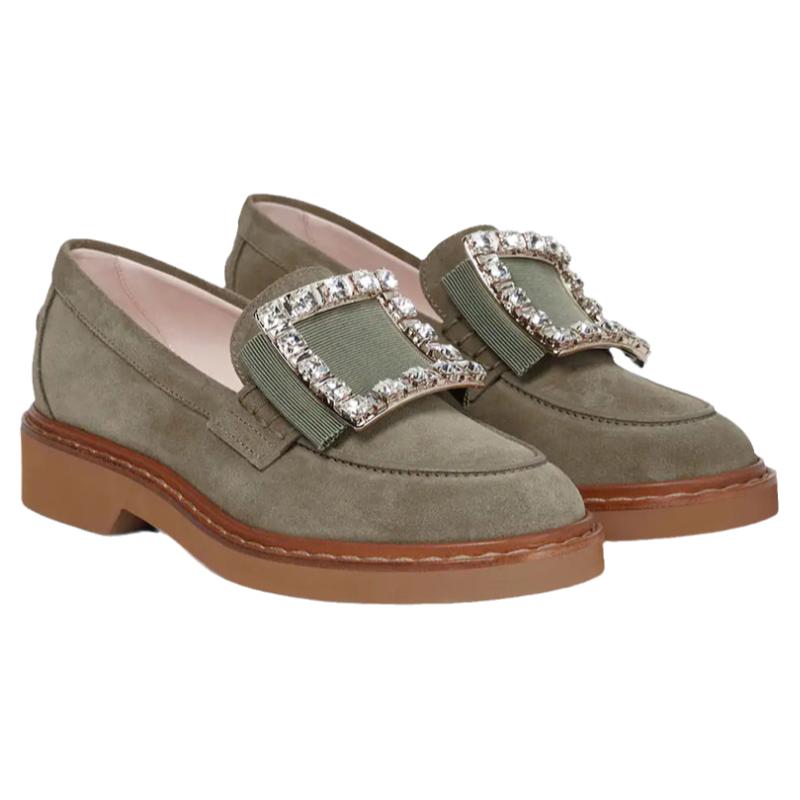 Roger Vivier/罗杰·维维亚女士绿色绒面牛皮水晶搭扣圆头乐福鞋