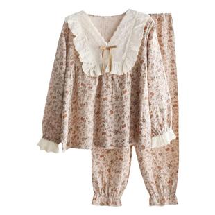 甜美玫瑰印花套头睡衣女春秋夏季纯棉纱布薄款花边长袖家居服套装