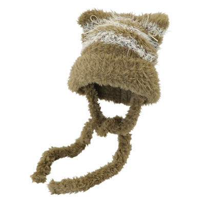 毛绒蝴蝶结猫耳朵毛线帽子女冬季