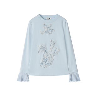 有耳uare原创设计 花的讯息 飞鸟百合花刺绣镂空蕾丝贴花长袖T恤