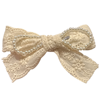 银标珍珠蕾丝蝴蝶结碎发鸭嘴夹