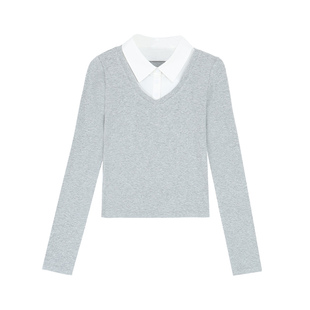 pusumede 轻松周末 假两件正肩T恤上衣女气质修身显瘦针织打底衫