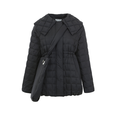 北欧时刻立体格子白鸭绒黑色羽绒服女冬季2025新款娃娃领短款外套