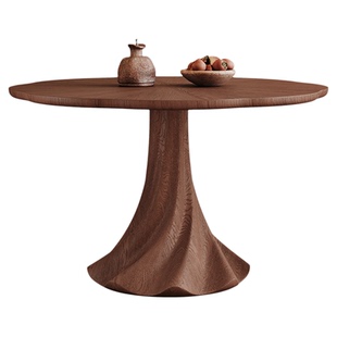中古风实木餐桌圆形小户型设计师2025新款胡桃色全托实木家用圆桌