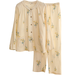 2025新款春夏季纯棉睡衣女带胸垫长袖圆领双层纱空调服宽松家居服