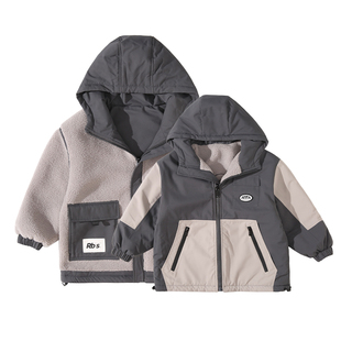 安迪杰克尔男童棉服儿童冬季羊羔绒外套双面穿加绒保暖连帽薄棉衣