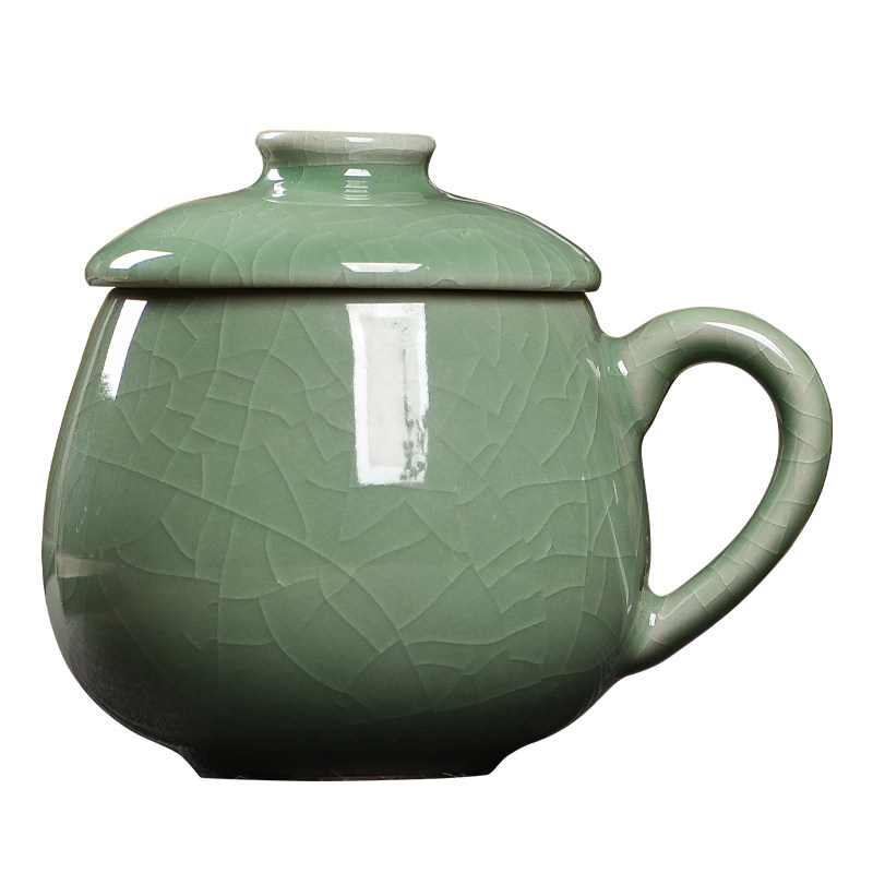 青瓷茶杯带盖家用个性水杯泡茶杯哥窑冰裂办公杯接待专用水杯定制