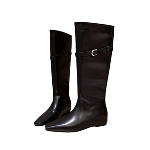 牛皮版~法式优雅内增高4cm尖头长筒靴时尚骑士粗跟时装马丁靴女鞋